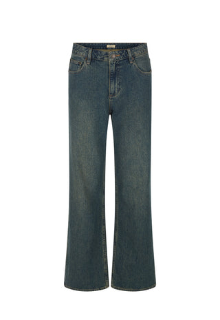 A pair of dark blue wide-leg jeans with a faded wash, shown flat against a solid white background.