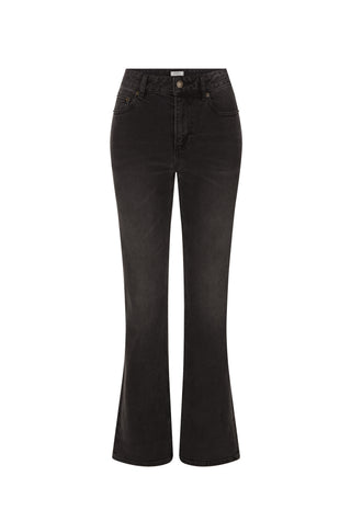 Black high-waisted flare jeans shown on a clean white background.