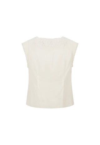 An off-white sleeveless top with a delicate lace or embroidered yoke at the neckline, shown against a plain white background.