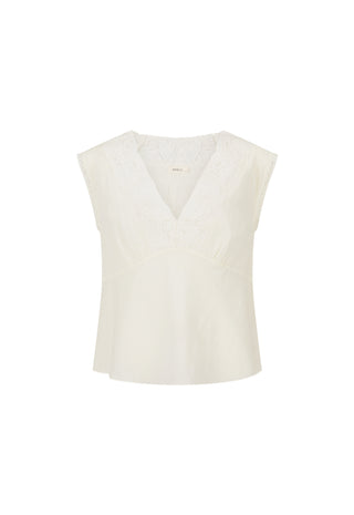 An off-white sleeveless top with a V-neckline and subtle lace detailing on the chest, presented on a solid white background.