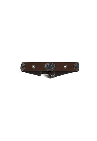 A dark brown leather belt featuring a central round silver-toned concho buckle, flanked by smaller silver studs and circular metal accents on both sides, shown against a plain white background.