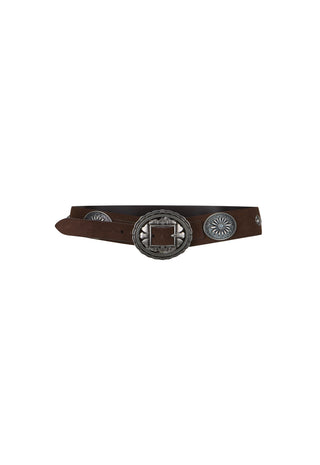 A dark brown leather belt with a large western-style silver-toned buckle featuring a square cutout and two matching silver-toned conchos on the sides, shown against a plain white background.