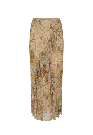 A long, pleated skirt with an intricate paisley and floral pattern in beige, brown, and muted gold tones, shown against a plain white background.