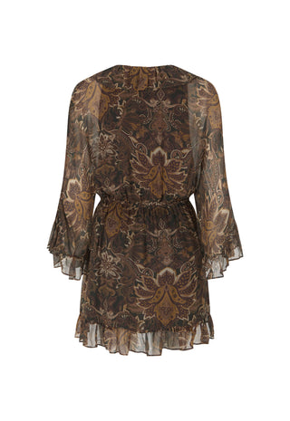 A brown and beige patterned sheer mesh mini dress with long flared sleeves and a ruffled hem, shown against a plain white background.