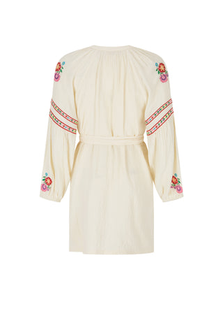 An off-white long-sleeve mini dress with colorful floral and geometric embroidery on the sleeves and neckline, shown against a plain white background.