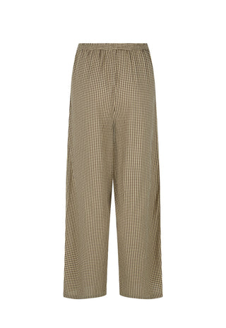 A pair of wide-leg cropped trousers in a beige and brown small-scale checkered pattern, shown against a plain white background.