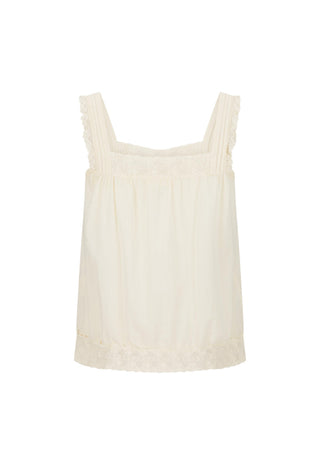 An off-white sleeveless camisole top with delicate lace trim along the scoop neckline and hem, displayed against a solid white background.