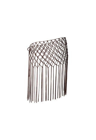 A dark brown fringed mesh belt or waist accessory with a diamond-patterned net design and long hanging fringe, shown against a plain white background.