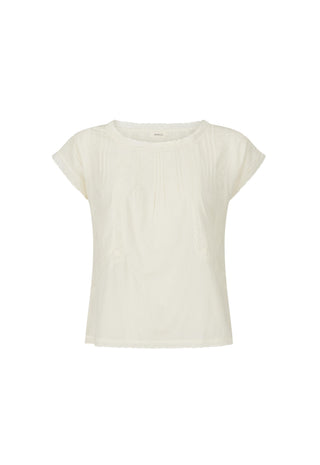 An off-white short-sleeve top with a round neckline and subtle vertical pleats on the front, shown against a plain white background.