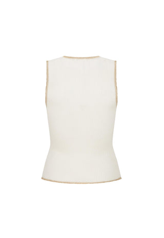 An off-white ribbed sleeveless top with beige trim along the neckline, armholes, and hem, shown against a plain white background.