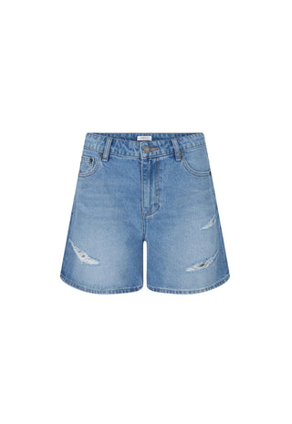 Light blue denim shorts with distressed rips on the front, featuring a classic five-pocket design and belt loops, shown flat on a white background.