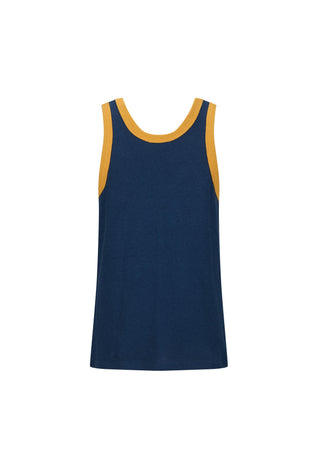 A navy blue sleeveless tank top with contrasting mustard yellow trim along the scoop neck and armholes, displayed against a solid white background.