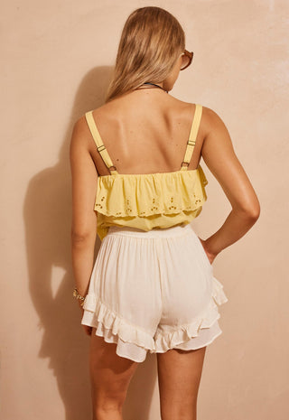 A woman shown from the back wearing a pale yellow ruffled eyelet camisole top with suspenders and white ruffled shorts, standing against a warm beige wall.