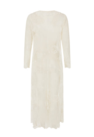 An off-white long-sleeve midi dress with a sheer overlay and tonal floral embroidery, shown against a plain white background.