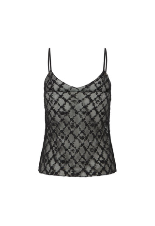 A black and gray patterned lace camisole top with thin spaghetti straps, displayed against a solid white background.