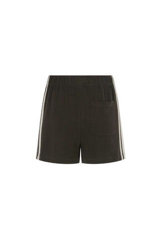 Black athletic shorts with white side stripes and a side pocket, shown against a plain white background.