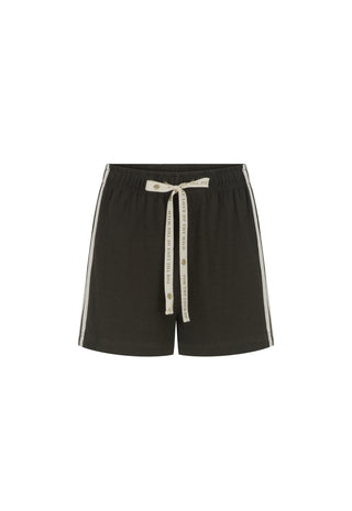 Black athletic shorts with a drawstring waist and white side stripes, shown on a plain white background.