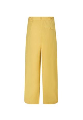 A pair of wide-leg cropped pants in a solid mustard yellow color, shown from the back on a plain white background.