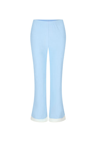Light blue cropped flare pants with a white contrast trim at the hem, shown against a plain white background.